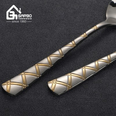 Luxury Stainless Steel Cutlery Set With Storage Rack Gold Plaid Pattern Handle