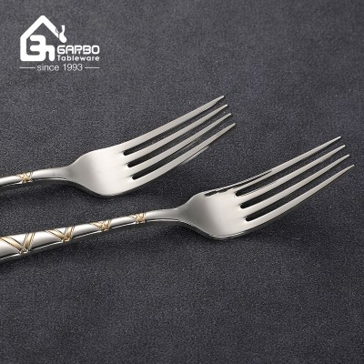 Luxury Gold Plaid Embossed Handle Stainless Steel Fork Spoon Set Mirror Polish