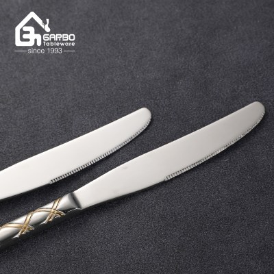 Luxury Gold Plaid Embossed Handle Stainless Steel Fork Spoon Set Mirror Polish