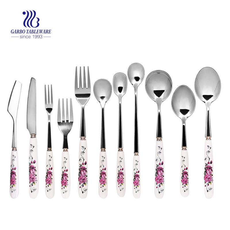 11 Pieces Flatware Set With Printing Ceramic Handle Cutlery Set For Wedding