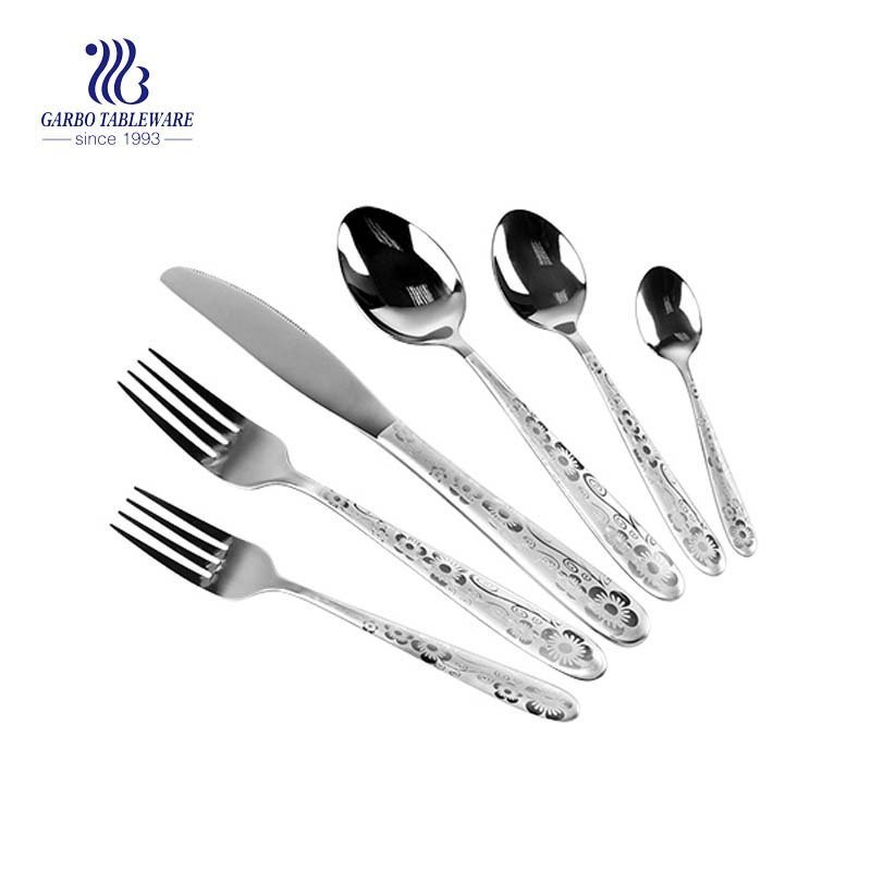 18/0 Stainless steel 6 pieces laser gold flatware set with mirrior polished