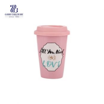 14 Oz  Pink Color  Ceramic  coffee cup with silicone pink lid