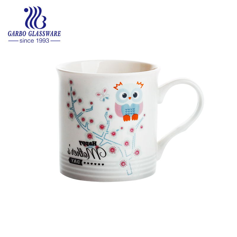 High quality white ceramic 310ml animal decal design ceramic tea mug with handle