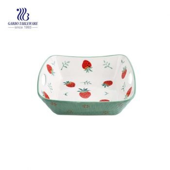 Strawberry color glazed ceramic pie dish with easy-carried handle