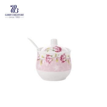 Chaozhou Ceramics Flower Sugar Bowl Sazonador de sal Pimienta Tarro de almacenamiento con tapa y cuchara