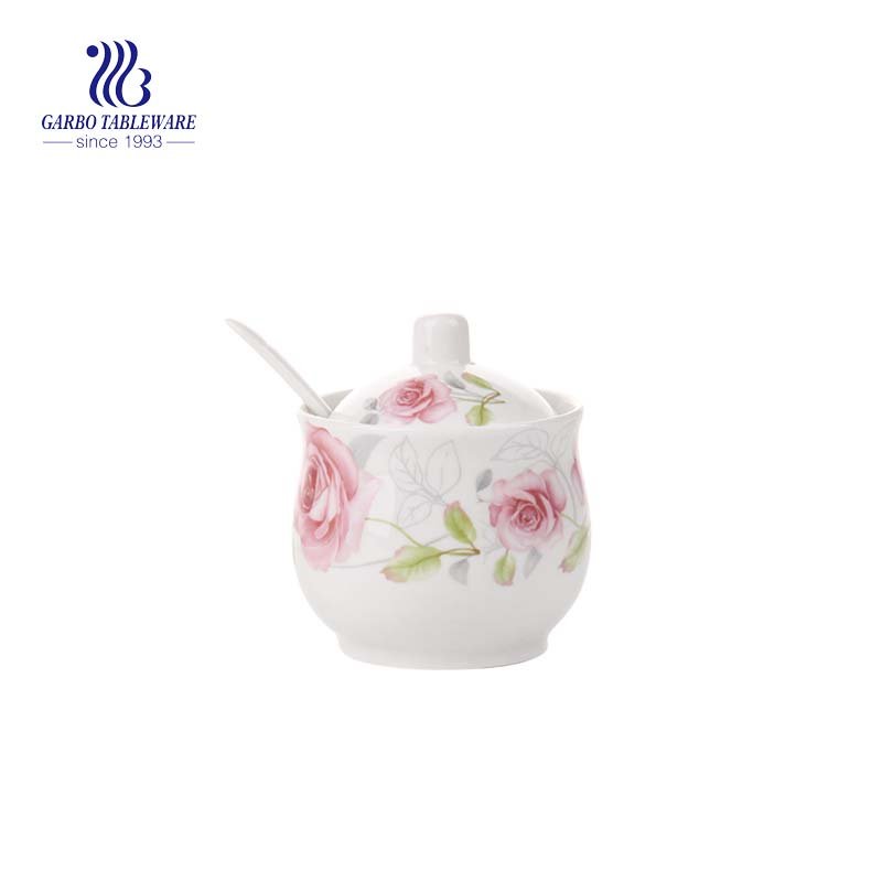 Chaozhou Ceramics Flower Sugar Bowl Sazonador de sal Pimienta Tarro de almacenamiento con tapa y cuchara