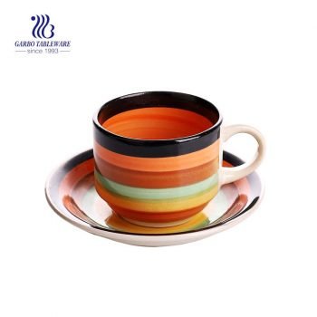 Stoneware Rainbow series colorful porcelain tea mug and saucer set 5.8oz