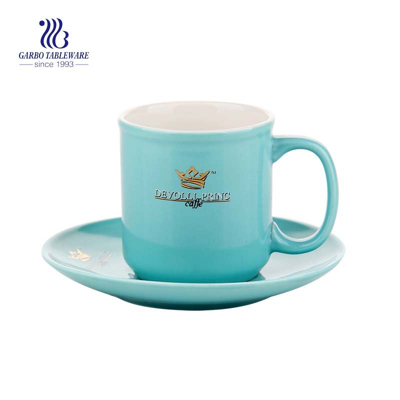 Taza de té de gres de 4.3 oz de color azul con platillo para el desayuno