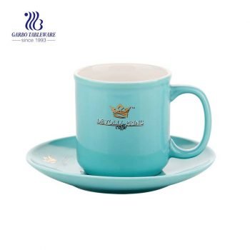 Caneca de chá de grés de 4.3 oz azul com um pires para o café da manhã