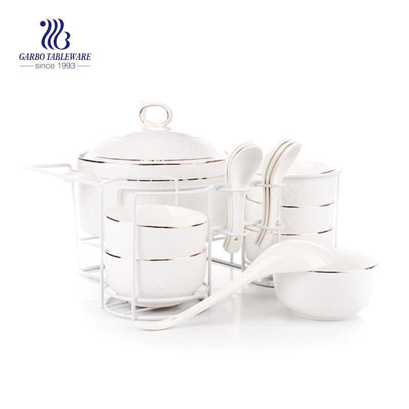 Wholesale factory price fine porcelain tableware 14pcs ceramic dinner set with casserole pot bowls spoons