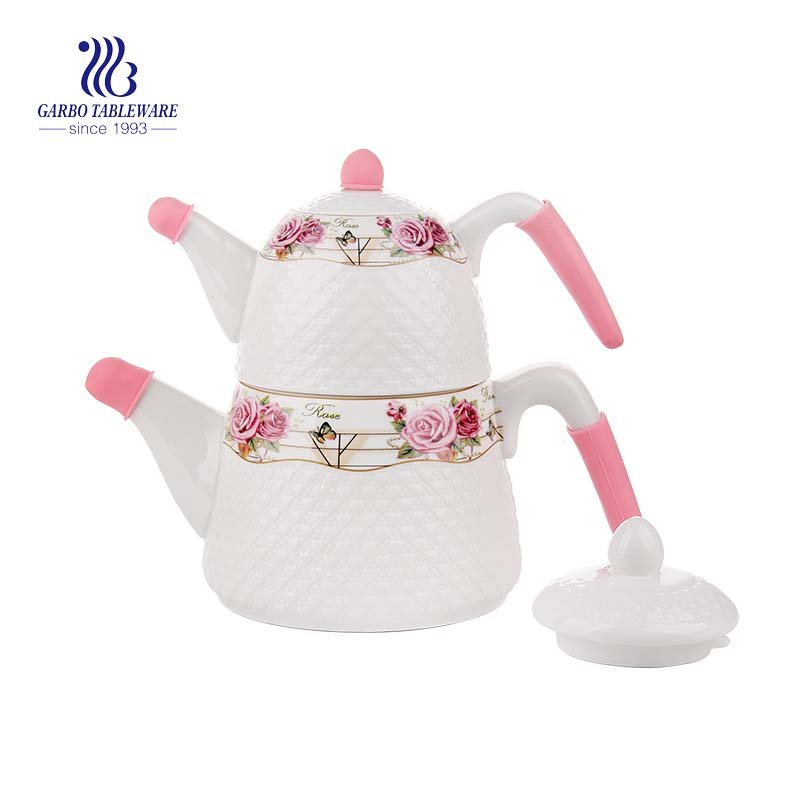 2pcs white ceramic hotel usage personlized decal color box ceramic tea pot set