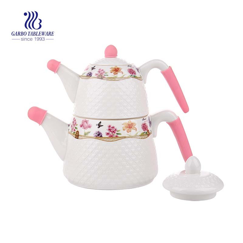 2pcs white ceramic hotel usage personlized decal color box ceramic tea pot set