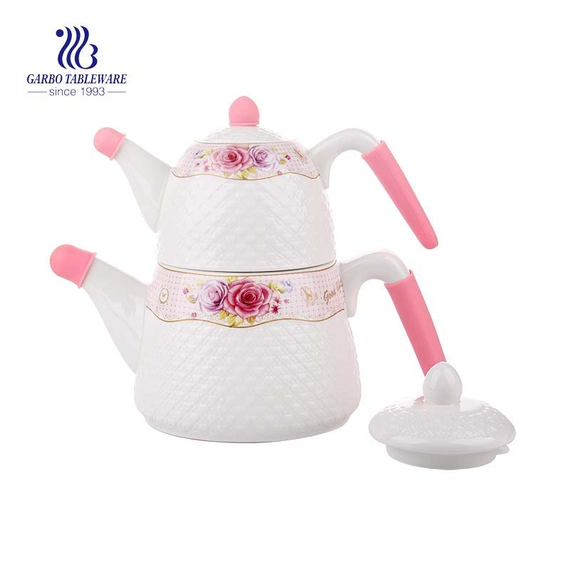 2pcs white ceramic hotel usage personlized decal color box ceramic tea pot set