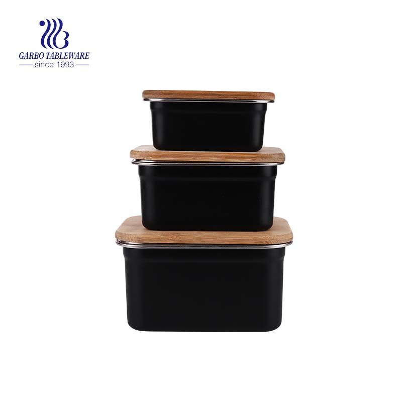 3pcs set of black painted stainlesss steel container with airtight bamboo lid