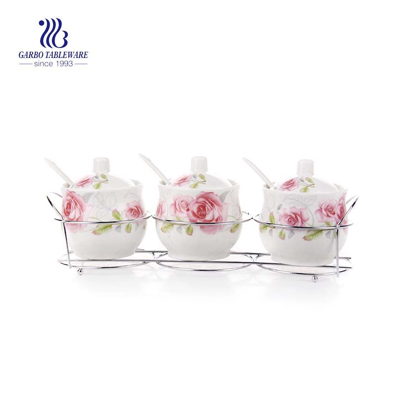 Chaozhou Ceramics Flower Sugar Bowl Sazonador de sal Pimienta Tarro de almacenamiento con tapa y cuchara