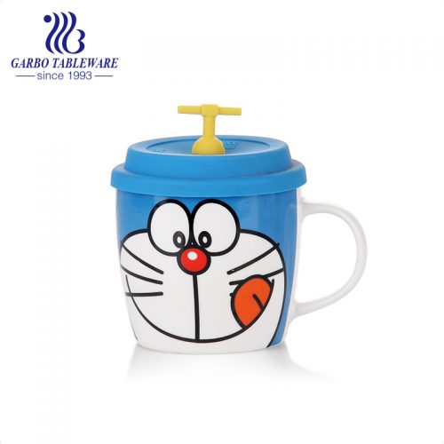 Cute blue cat printing ceramic mug with silicone cover 400ml porcelain cup with handle and lid