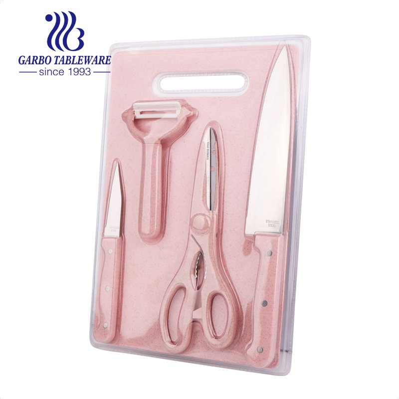 Pendaison de crémaillère de mariage Couteaux de chef de couleur 5 pièces Ensemble de couteaux de cuisine personnalisés dans une boîte de couleur en PVC pour la cuisine