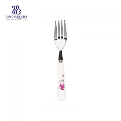 Custom stainless steel ice cream fork with flower design ceramic handle tableware