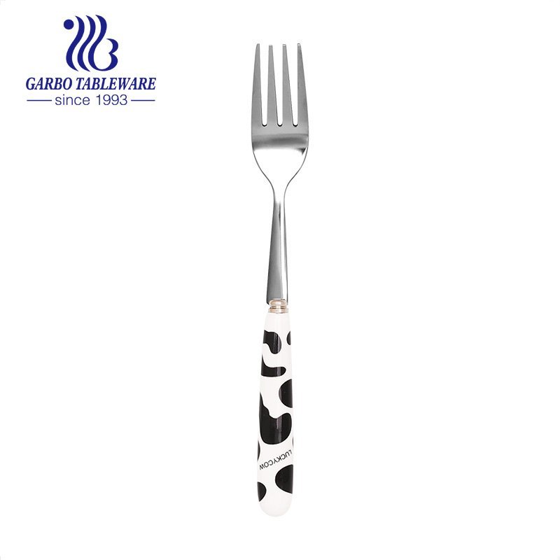 Wholesale 192mm silver stainless steel salad fork with customized ceramic handle for restaurant and home