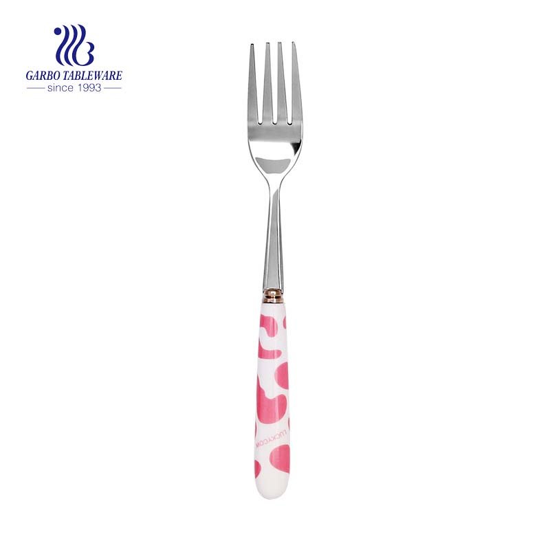 Tenedor de cena portátil de acero inoxidable con tenedor de postre con mango de cerámica personalizado para venta al por mayor