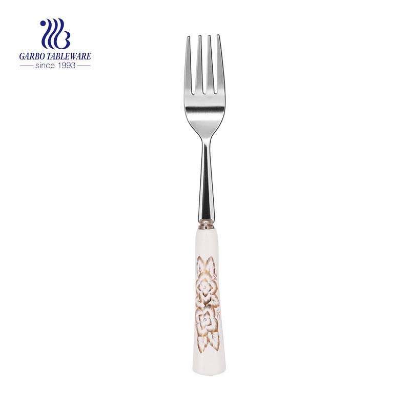 Tenedor de ensalada de acero inoxidable plateado de 192 mm al por mayor con mango de cerámica personalizado para restaurante y hogar