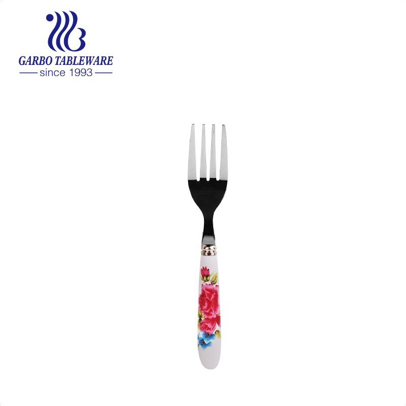 Custom stainless steel ice cream fork with flower design ceramic handle tableware