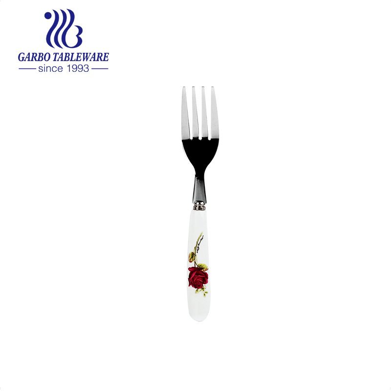 Custom stainless steel ice cream fork with flower design ceramic handle tableware