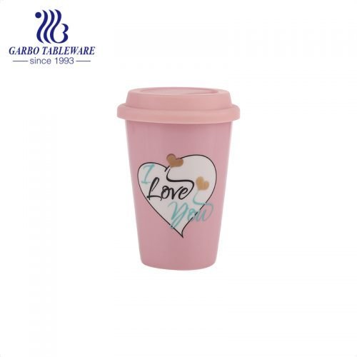 390 مل تصميم جميل من الخزف الوردي الزجاجي لشرب الماء مع شعار مخصص
