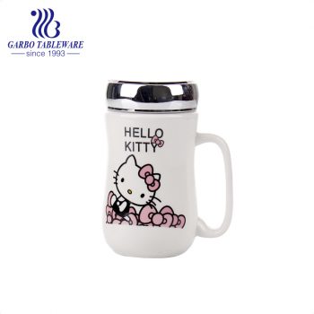 Taza de cerámica de la impresión de la etiqueta del gato de hello kitty taza de porcelana de 430 ml con la tapa del metal del tornillo del sello de la manija