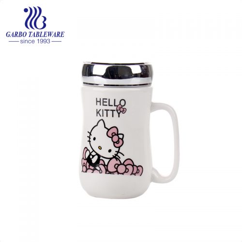 Hello kitty cat decal printing ceramic mug 430ml porcelain cup with handle seal screw metal lid