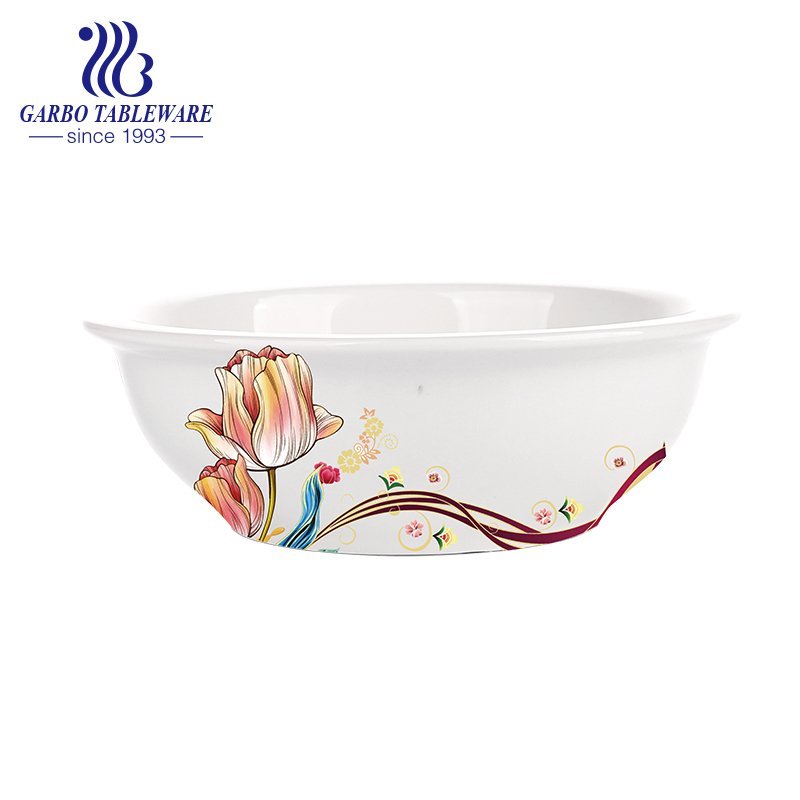Wholesale round shape big size soup bowl with flower decal for home usage