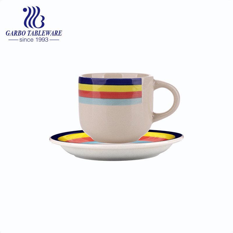 juego de taza y platillo de gres pintado a mano colorido de china