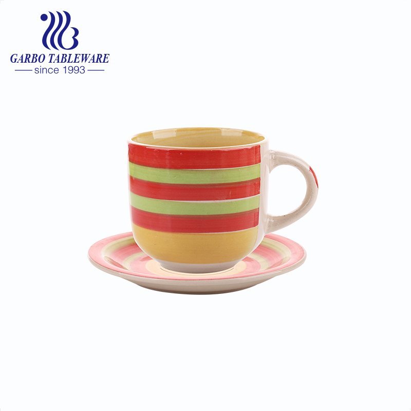 billige bunte Steinzeug handbemalte Kaffeetasse und Teller-Set