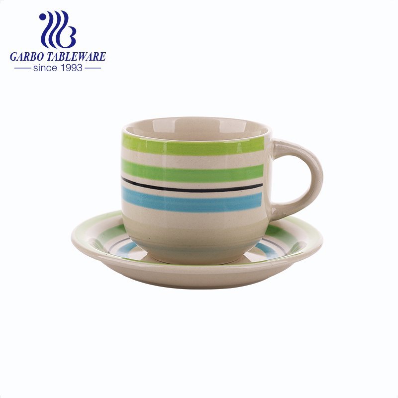 billige bunte Steinzeug handbemalte Kaffeetasse und Teller-Set