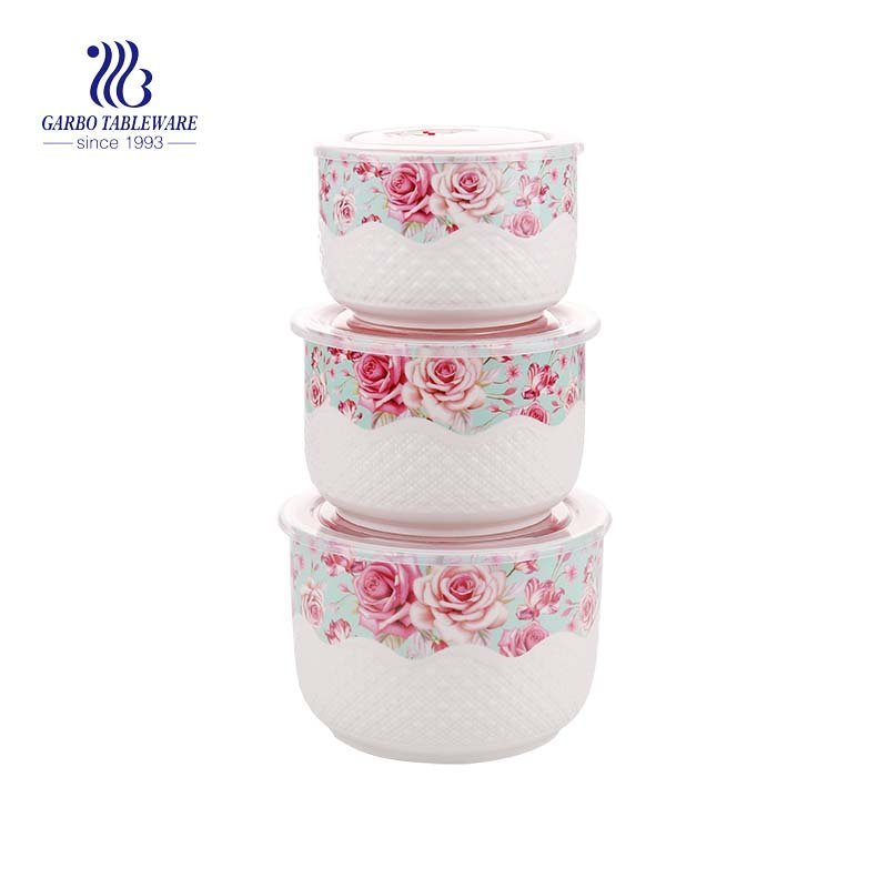 Cuenco de cerámica de alta calidad al por mayor 3pcs fijado con la decoración de la flor con precio de fábrica