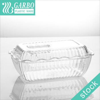 Recipiente de plástico rectangular transparente acrílico de alta calidad con patrón de tiras decorativas con tapa para refrigerador de cocina