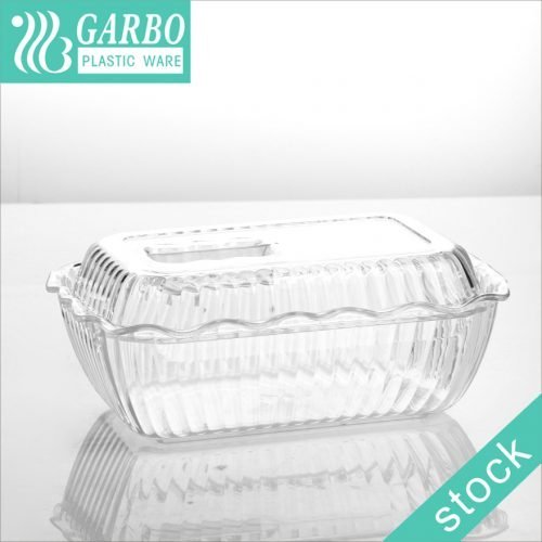 Recipiente de plástico retângulo de acrílico transparente de alta qualidade com padrão de faixa decorativa com tampa para geladeira de cozinha