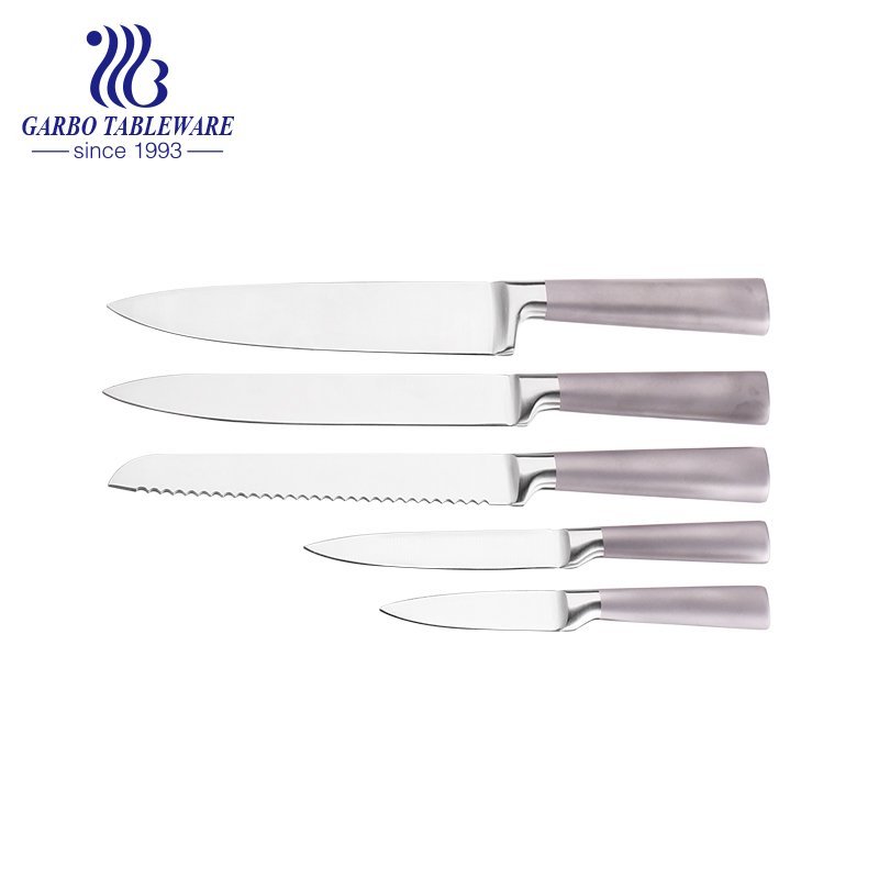 Chine Fabricant 5PCS Ensemble de couteaux de chef de style classique 430 Matériel Base de couteau de qualité supérieure Meilleur cuisinier Ensemble de couteaux de cuisine avec poignée en ABS