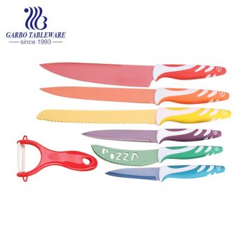 7 ADET Makine Preslenmiş Yüksek Kaliteli Mutfak Kullanım Bıçağı Püskürtme Özel Logo 420 Malzeme Renkli PP Saplı Mutfak Bıçağı Ve Soyucu Seti