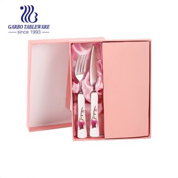 Conjunto de talheres de cerâmica mini 2 unidades com fábrica de garfo de frutas e faca de frutas pacote de caixa de presente rosa