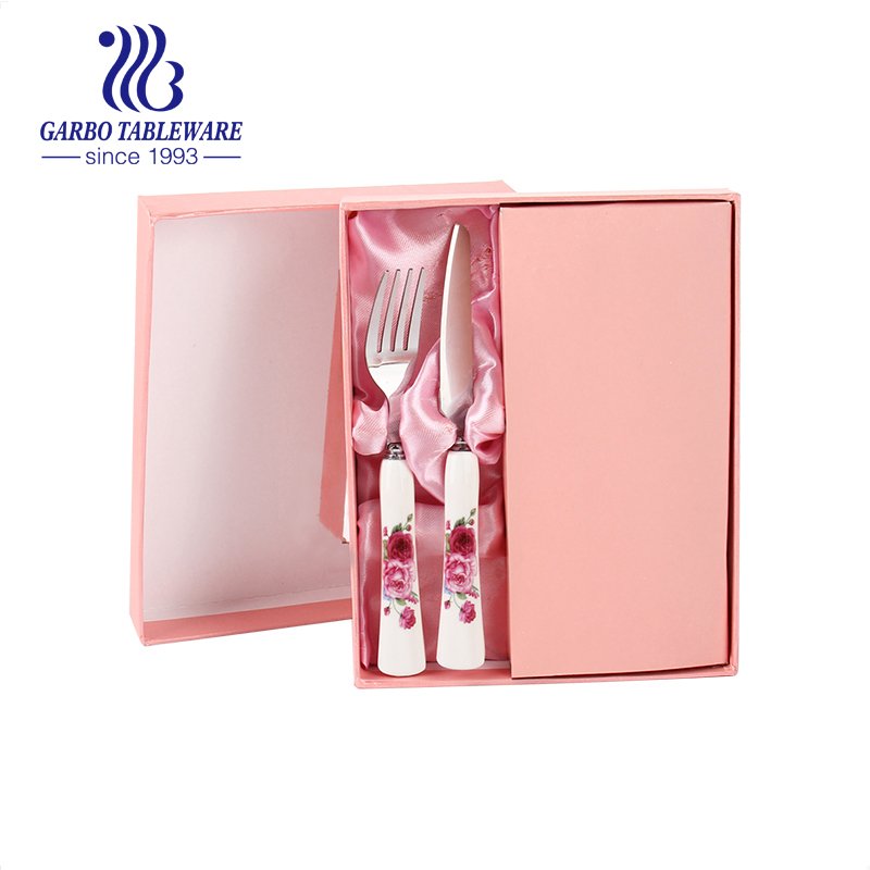 2PCS Mini Ceramic Cutlery Set with Fruit Fork factory and Fruit Knife Pink Gift Box Pack