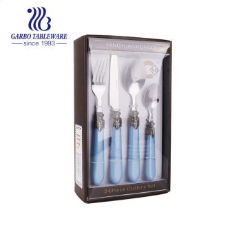 24PCS Blue Plastic Handle Cutlery Set with PVC Gift Box Utensil set for 4