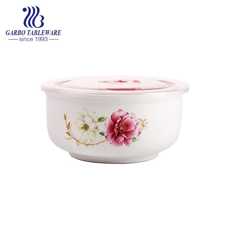 New bone china ceramic food container bowl with plastic lid for wholesale