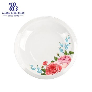 Factory cheap thick pure white elegant hotel ceramic dinner plate with flower decal