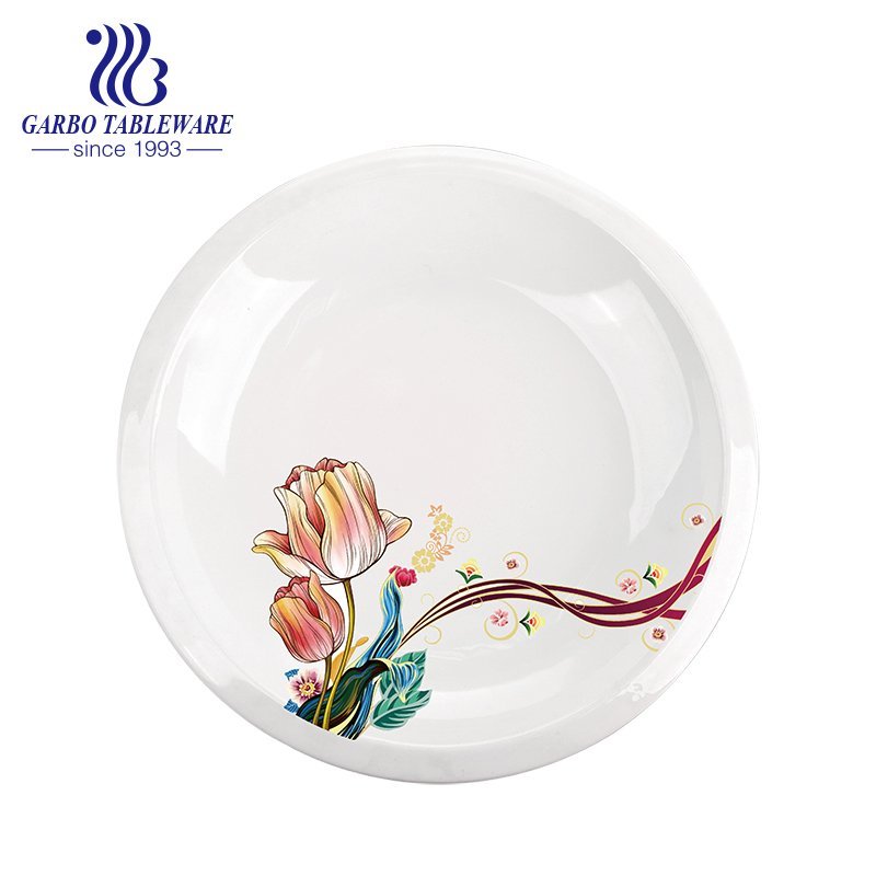 Factory cheap thick pure white elegant hotel ceramic dinner plate with flower decal