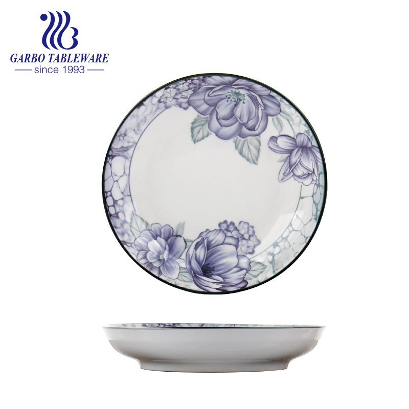 Factory cheap elegant flower glazed round plain 7inch ceramic dessert dish