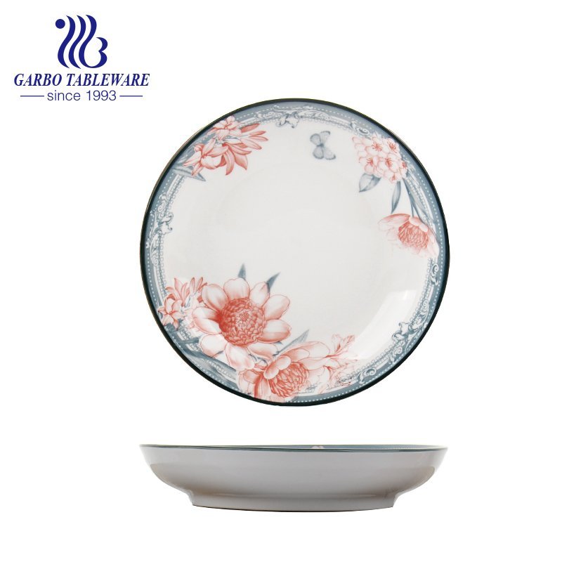 Factory cheap elegant flower glazed round plain 7inch ceramic dessert dish