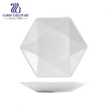 Factory cheap hotel restaurant serving tableware elegant white flat hexagon 10inch porcelain plate dish