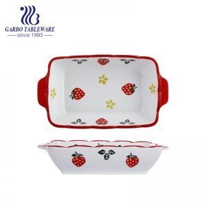 2100ml Heat-Resistant Rectangle Shape Strawberry Printing Porcelain Baking Tray with Handle