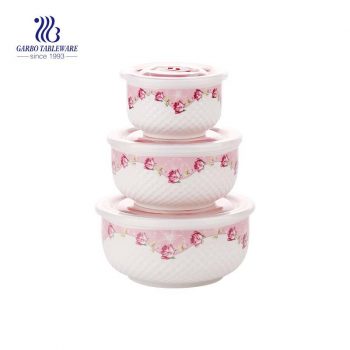 High quality 3pcs ceramic bowl set with plastic lids for wholesale